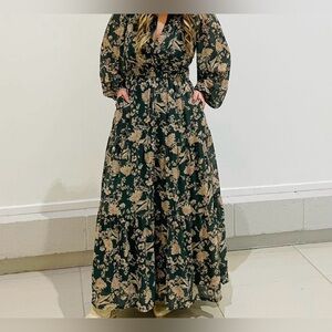 She + Sky Hunter Green/cream Long Sleeve Floral Print Maxi Dress